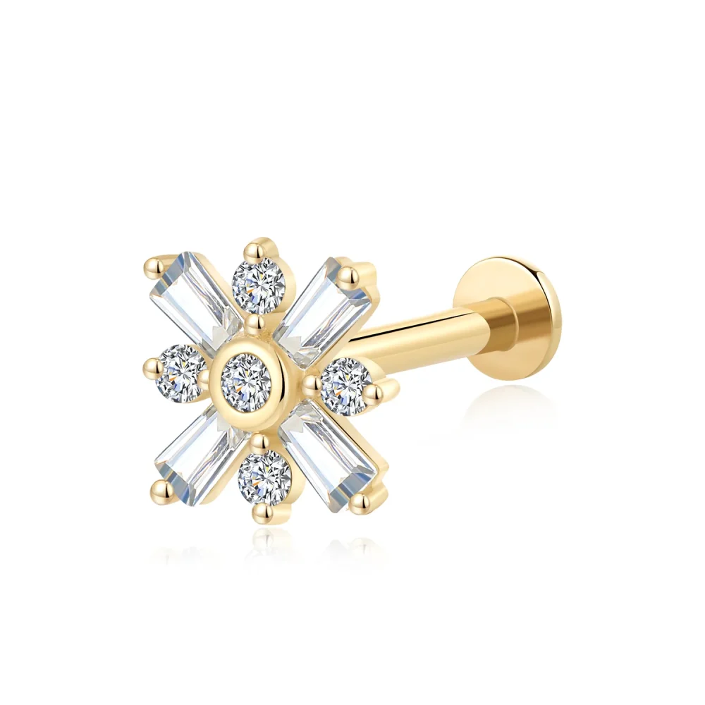 14K Solid Gold Snowflake Threadless Labret Stud with CZ Accents