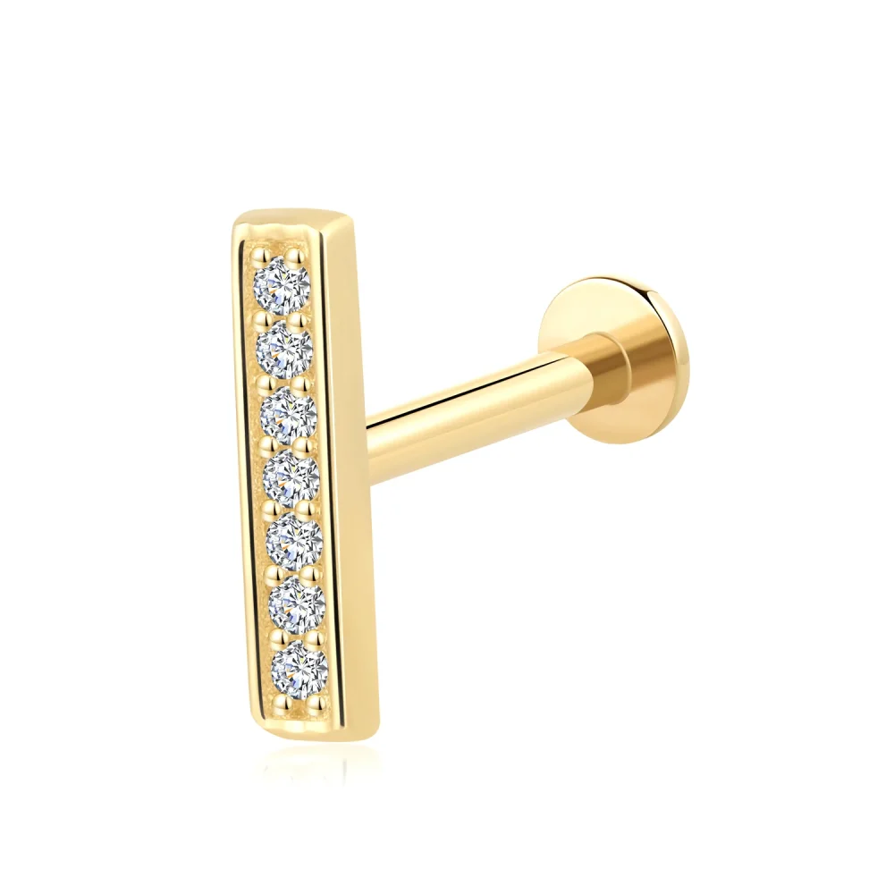 14K Solid Gold Threadless Flat Back Labret Stud with Seven CZ Stones