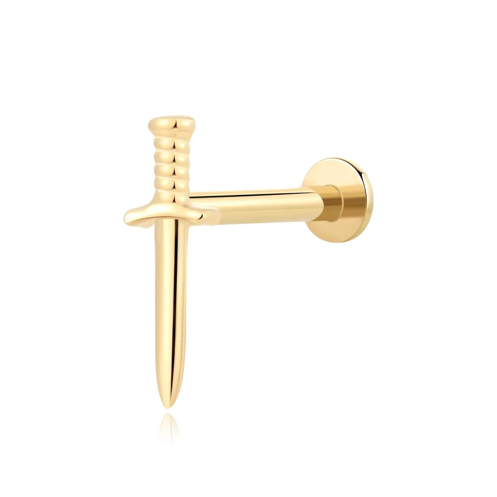 14K Solid Gold Dagger Threadless Labret Stud with Stainless Steel Pin