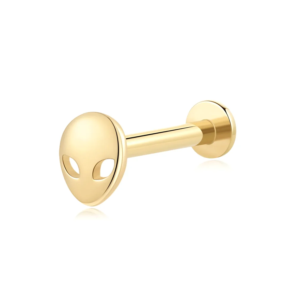 14K Solid Gold Alien Face Threadless Labret Stud with Stainless Steel Pin