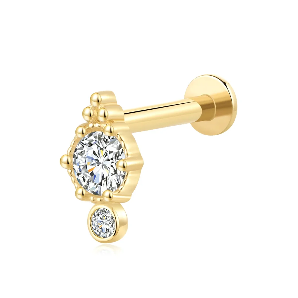 14K Solid Gold Threadless Labret Stud with Crown Set CZ