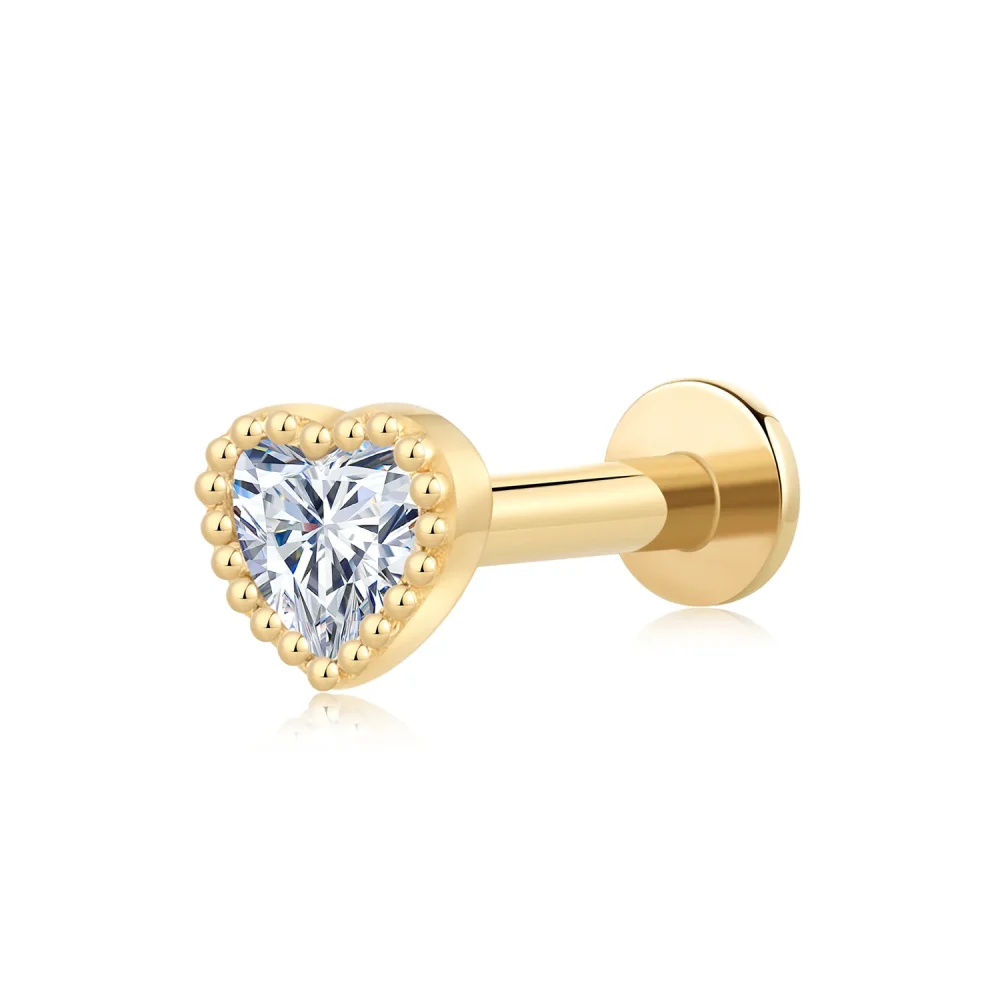 14K Solid Gold Heart-Shaped CZ Threadless Labret Stud - Making A Statement Of Love