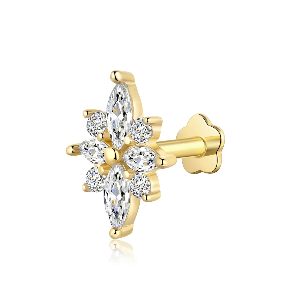 14K Solid Gold Flower Labret Stud with CZ Stone