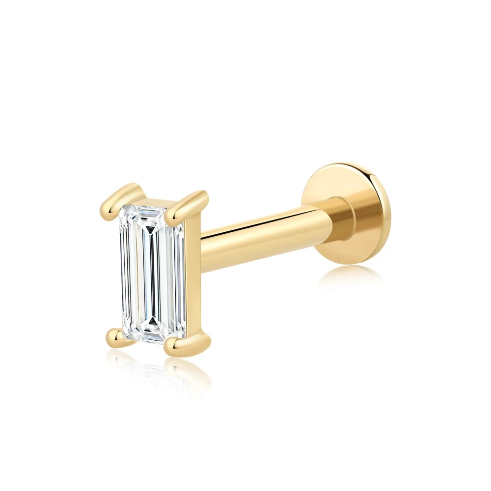 14K Solid Gold Threadless Labret Stud with Rectangular CZ Stone