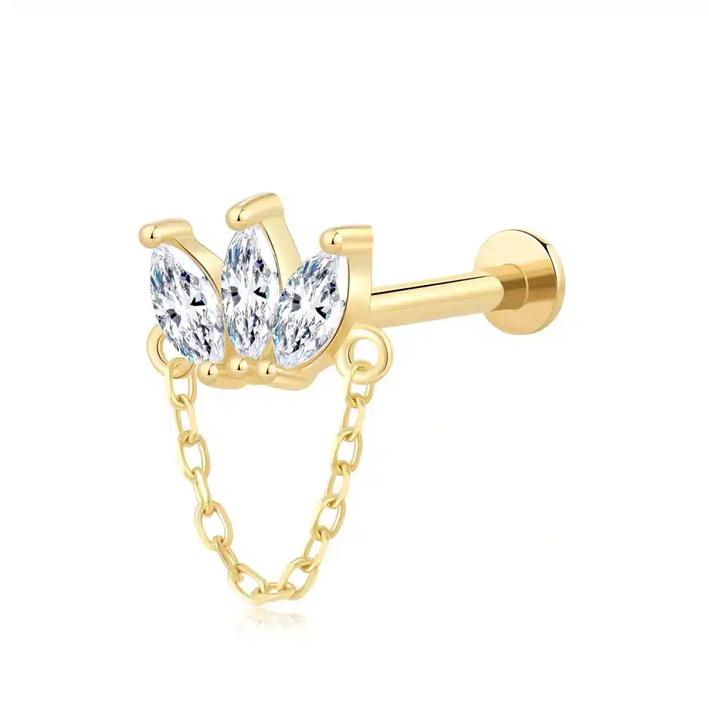 14K Solid Gold Marquise CZ Trio Labret Stud with Chain