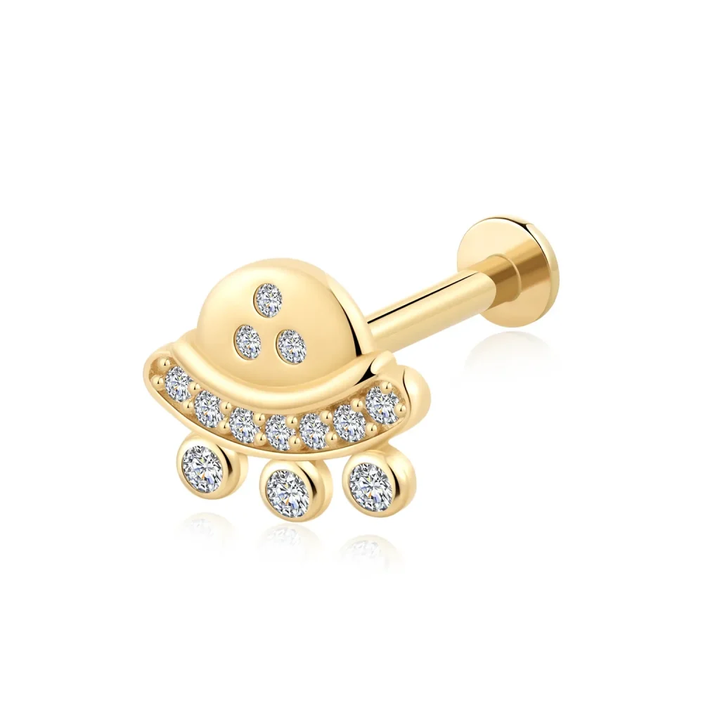 14K Solid Gold Cartoon UFO- Shaped ThreadlessLabret Stud with CZ Detailing