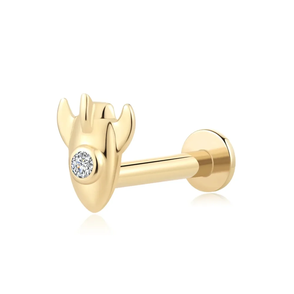 14K Solid Gold Rocket Threadless Labret Stud with CZ