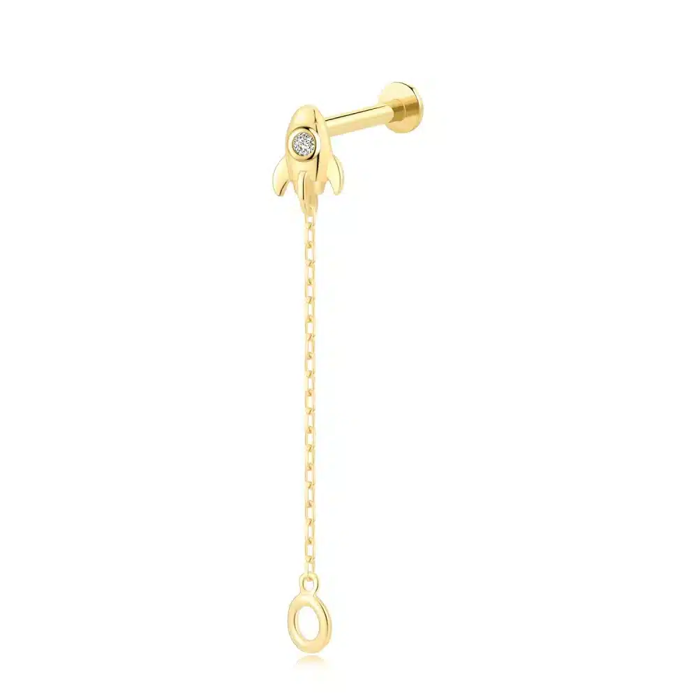 14K Solid Gold Threadless Rocket Labret Stud with Chain Dangle and CZ