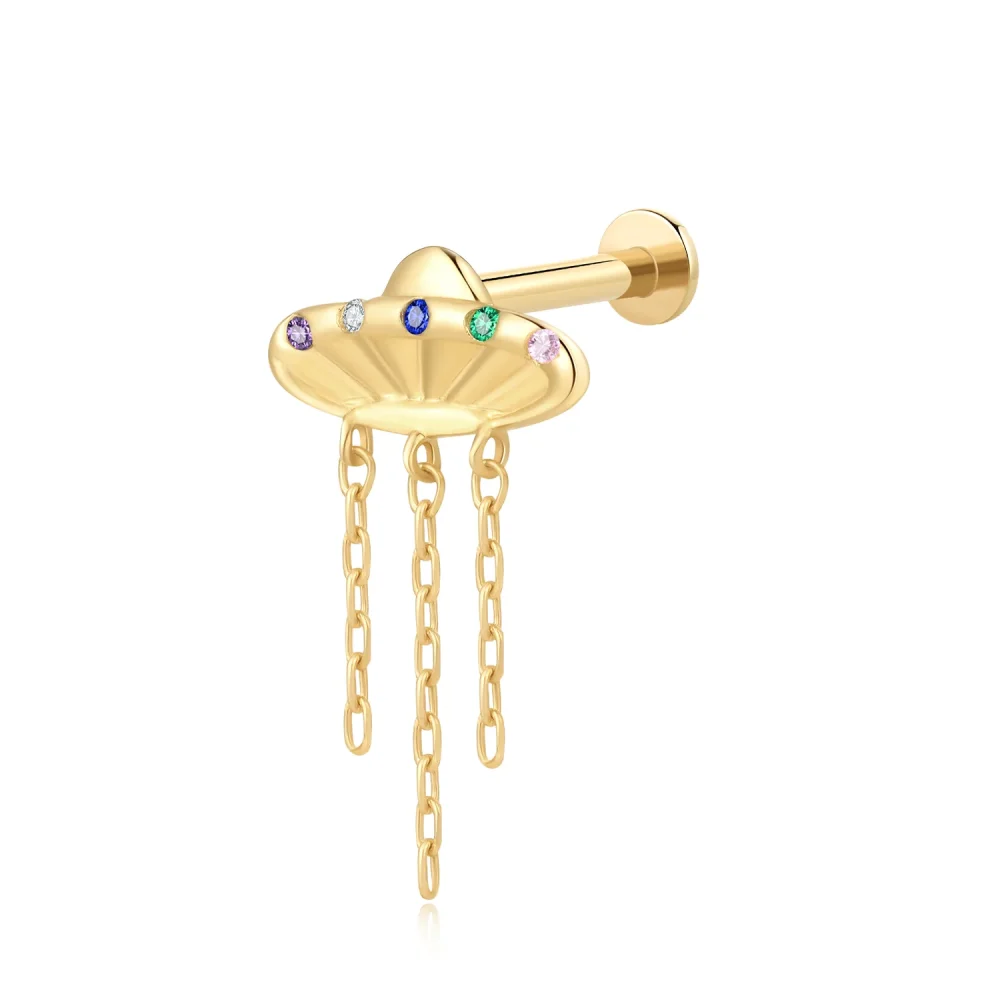 14K Solid Gold UFO Labret Stud with Multi-Colored CZ and Chain Dangles