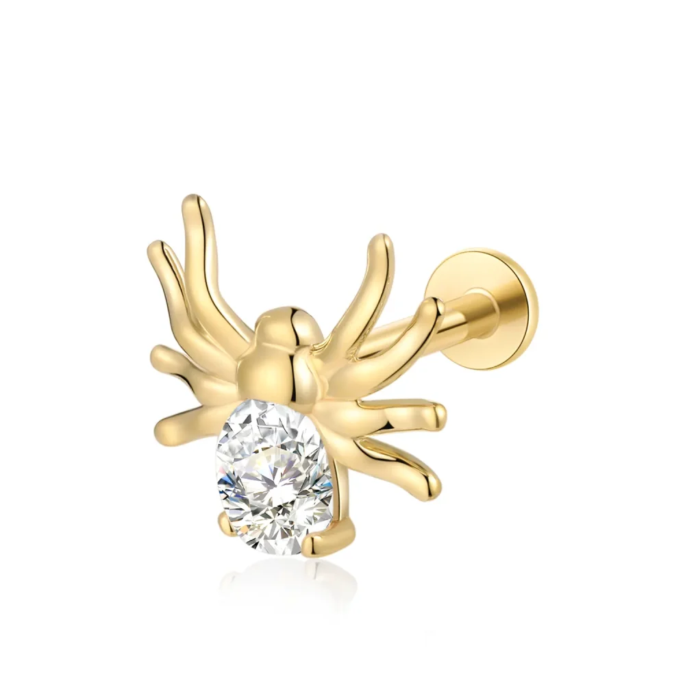 14K Solid Gold CZ Spider Shape Personalise Internally Threaded Labret Stud