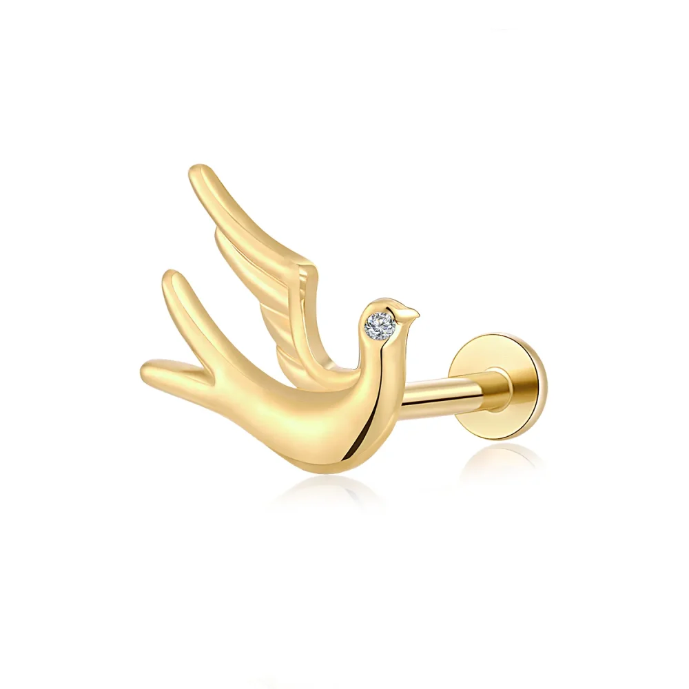 14K Solid Gold Internally Threaded Bird-Shaped Labret Stud With CZ Stone