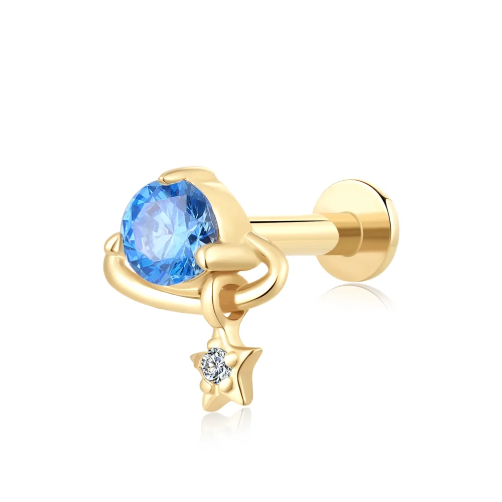 14K Solid Gold Celestial Internally Threaded Labret Stud with CZ Stone