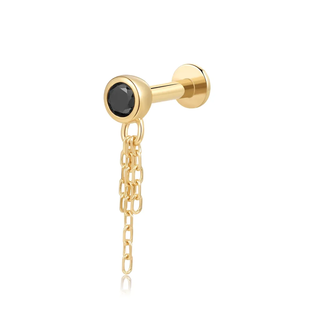 14K Solid Gold Bezel Set Black CZ with Chain Dangle Internally Threaded Labret Stud