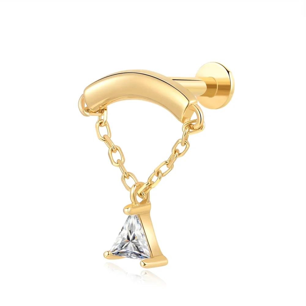 14K Solid Gold Dangling CZ Charm Internally Threaded Flat Back Labret Stud