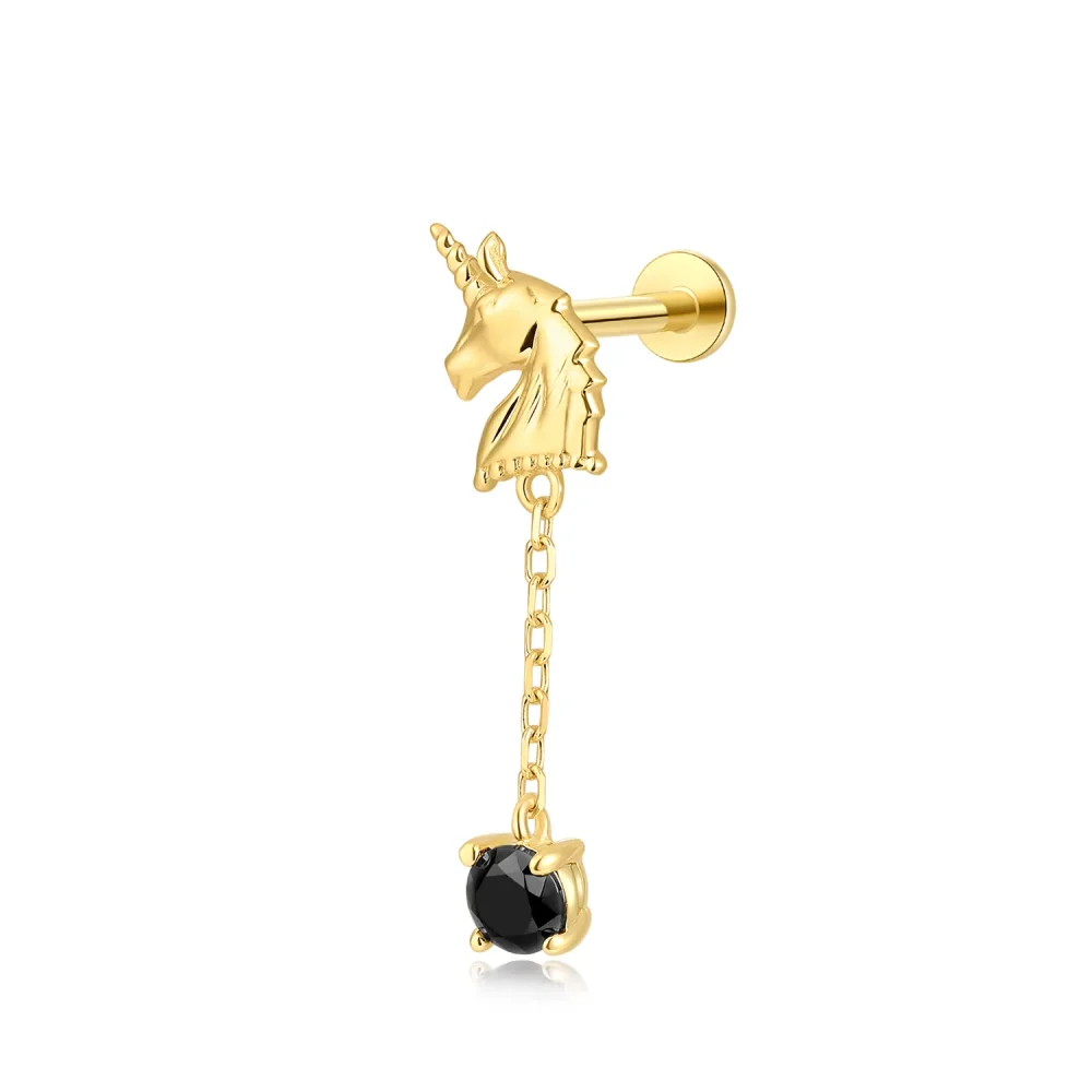 14k Solid Gold Unicorn with Black CZ Dangle Internally Threaded Labret Stud