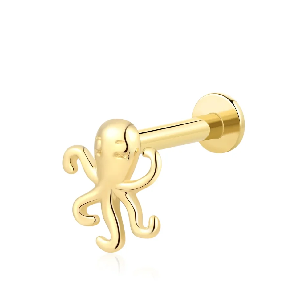 14K Solid Gold Internally Threaded Labret Stud with Octopus Motif