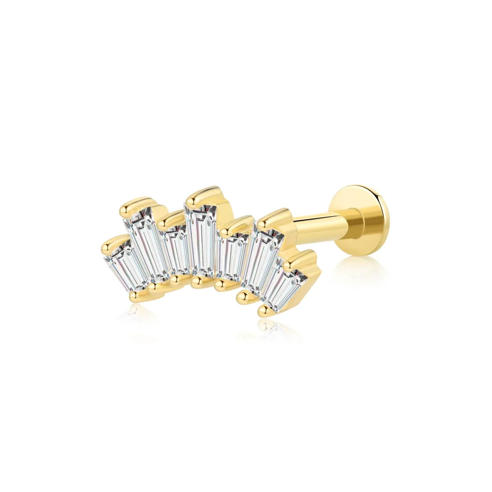 14K Solid Gold Internally Threaded Labret Stud with 7-Stone Prong Set 5A CZ Stone