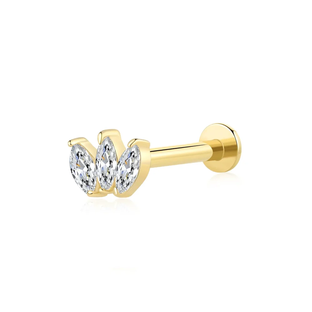 14K Solid Gold Internally Threaded Labret Stud with Marquise CZ Cluster