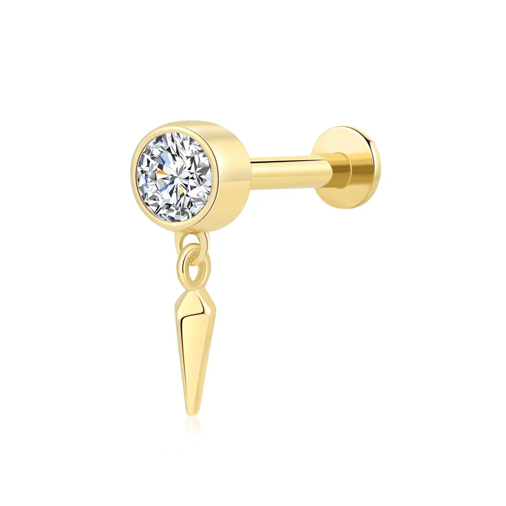 14K Solid Gold Internally Threaded Labret Stud with Cubic Zircon and Spike Charm