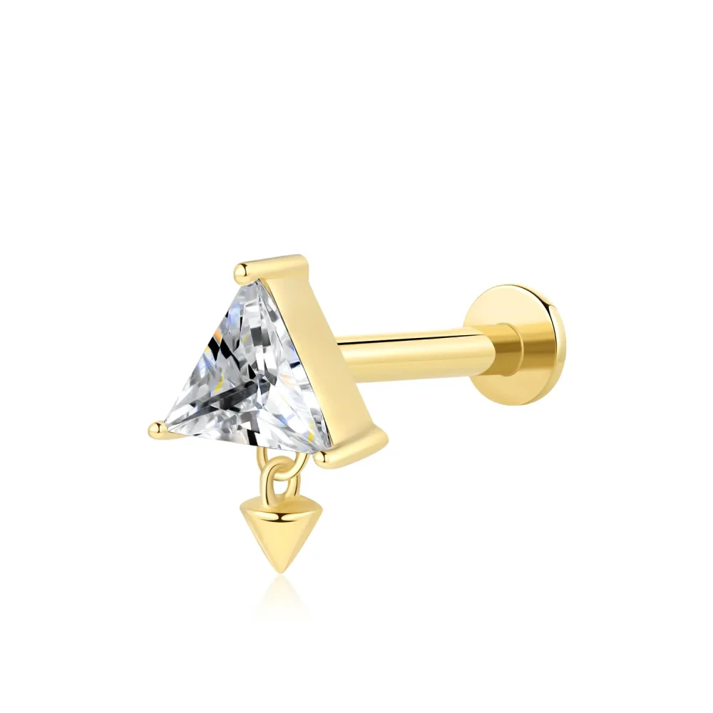 14K Solid Gold Internally Threaded Labret Stud with Triangular Cubic Zircon