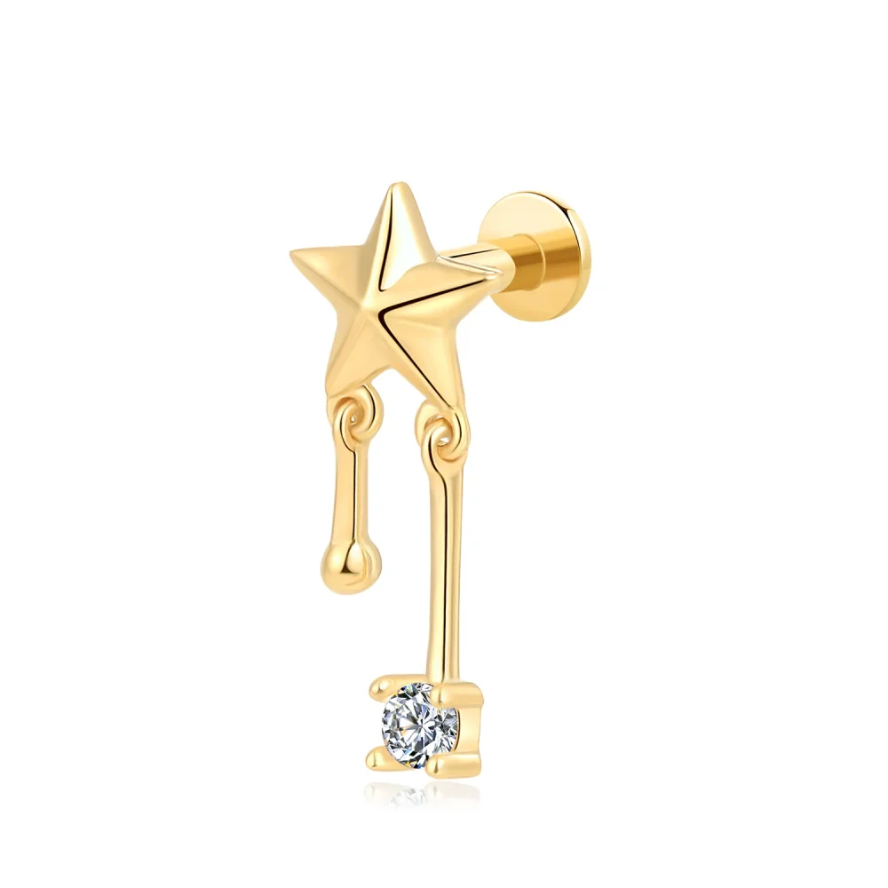 14k Solid Gold Star with CZ Dangle Internally Threaded Labret Stud