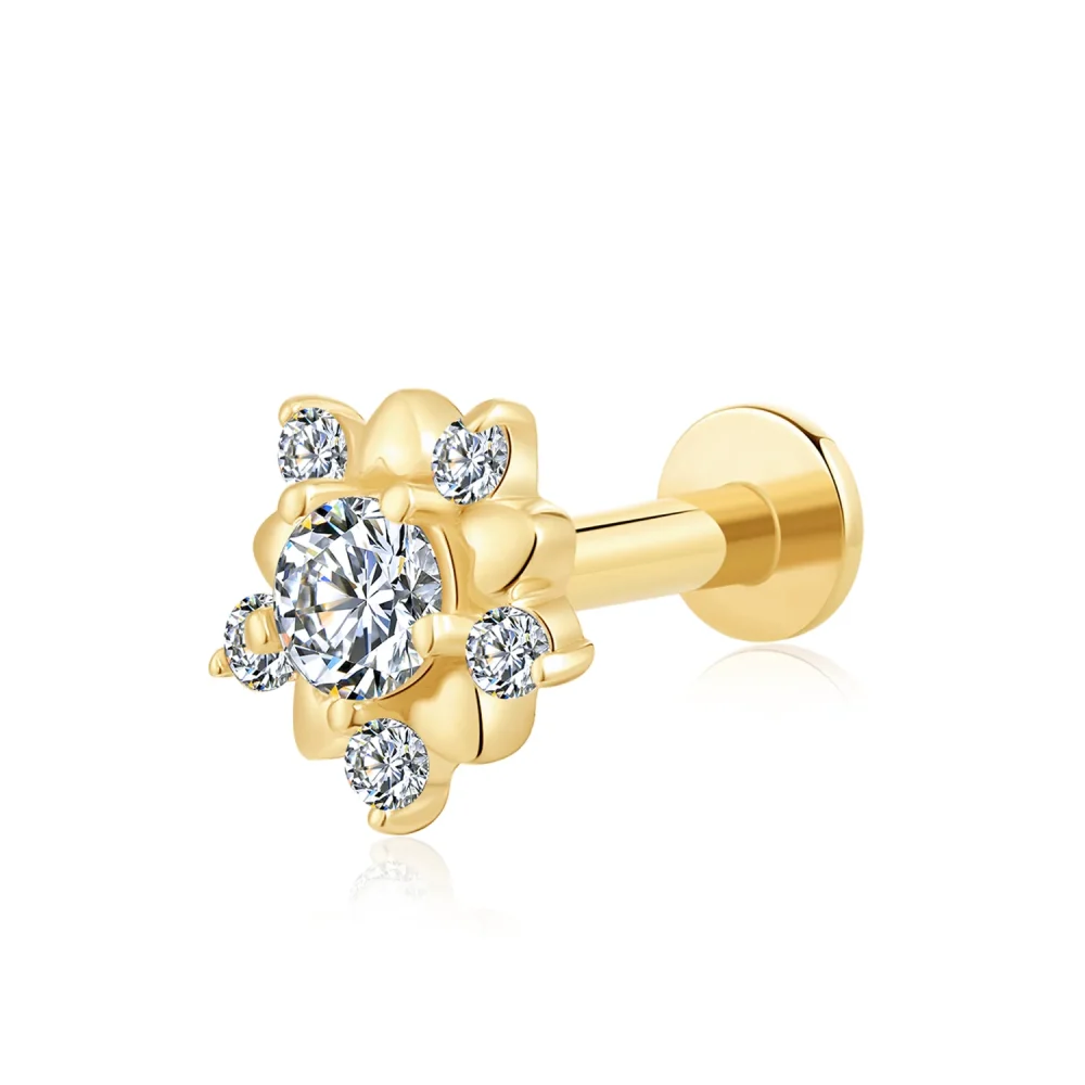 14K Solid Gold Flower-Shaped Prong Set CZ Petal Internally Threaded Labret Stud