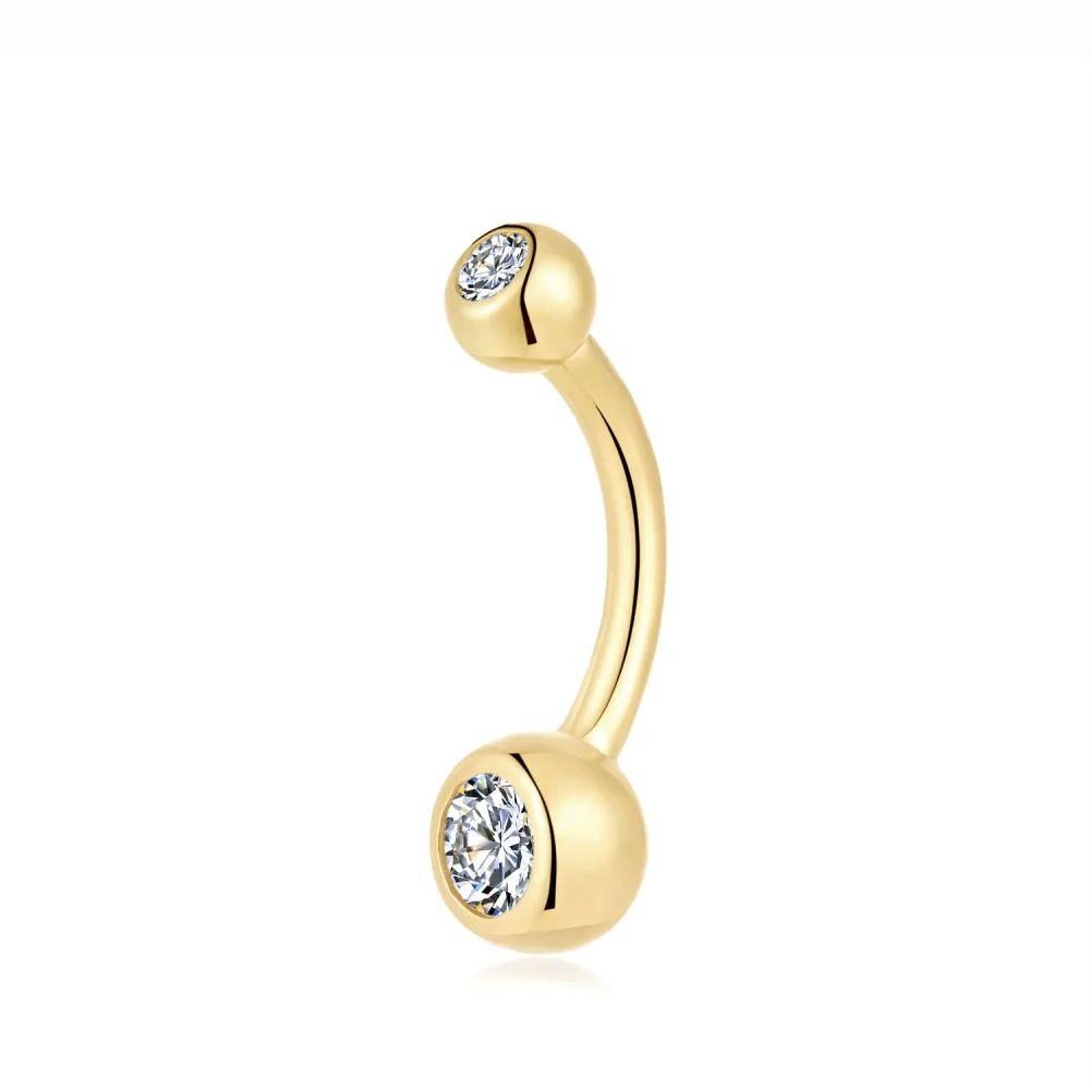 14K Solid Gold Double CZ Internally Threaded Navel Ring