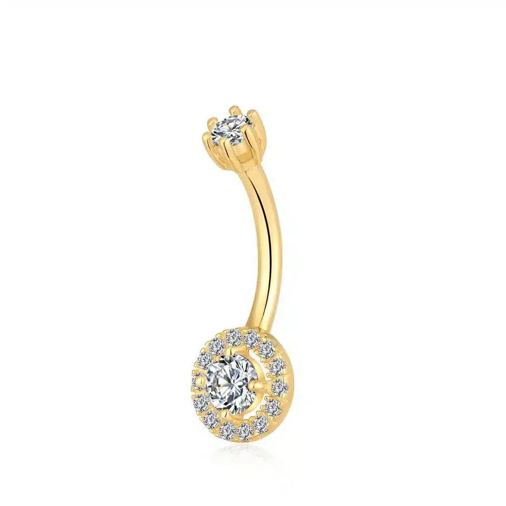 14K Solid Gold Internally Threaded Navel Ring with Encircled Cubic Zircon