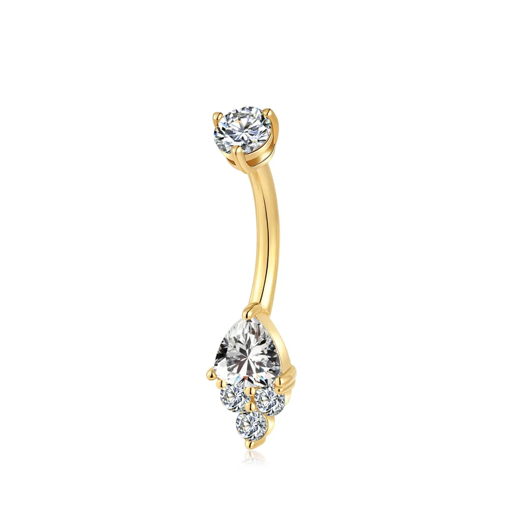 14K Solid Gold Internally Threaded Navel Ring with Round CZ Top and Heart-Shaped CZ with 3 round CZ Cluster