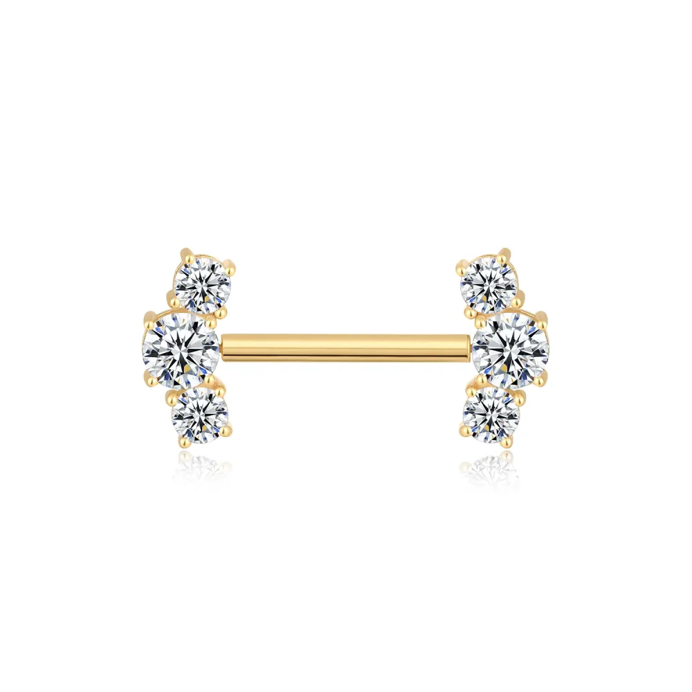 14K Solid Gold Threadless Nipple Barbells with Round Prong Set CZ Ends