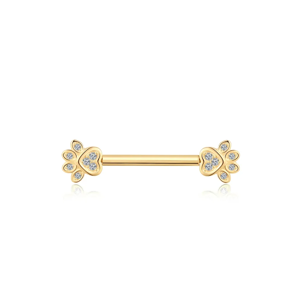 14K Solid Gold Threadless Paw Shape Nipple Barbell