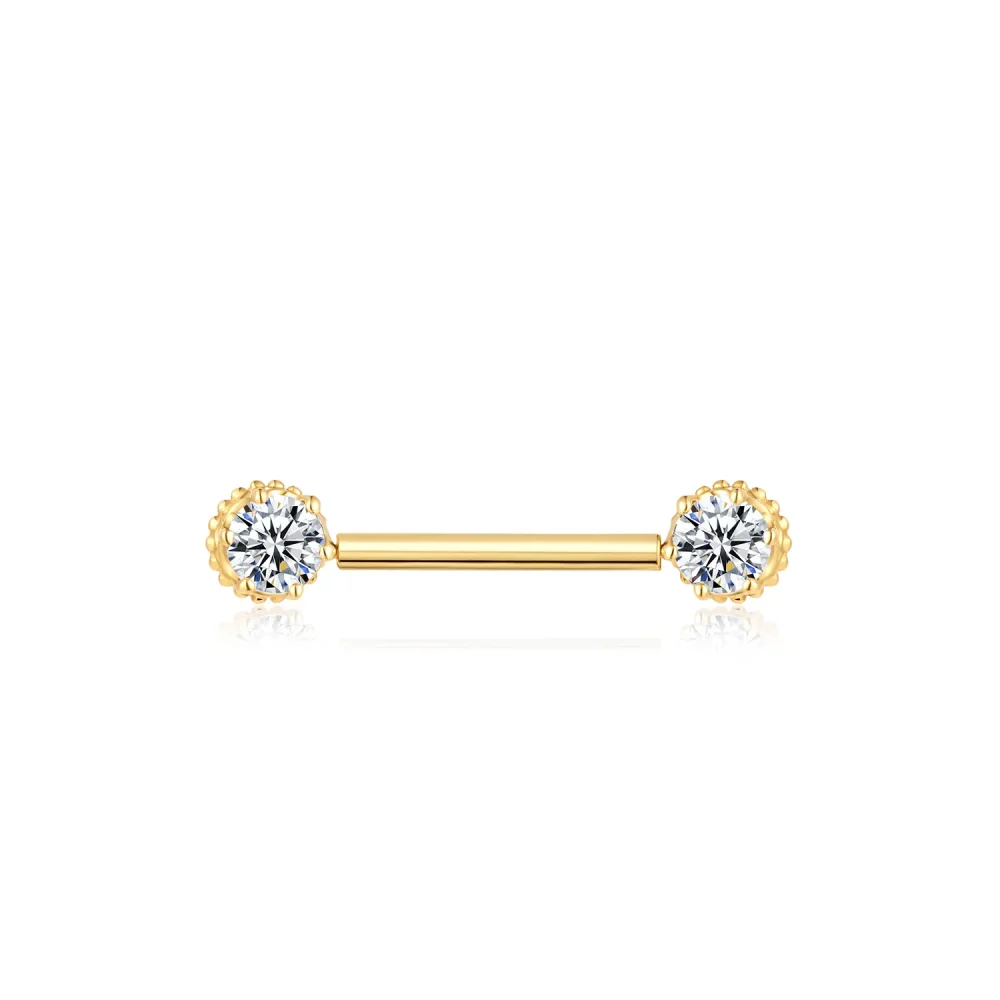 14K Solid Gold Threadless Nipple Barbells with Round Prong Set CZ Ends