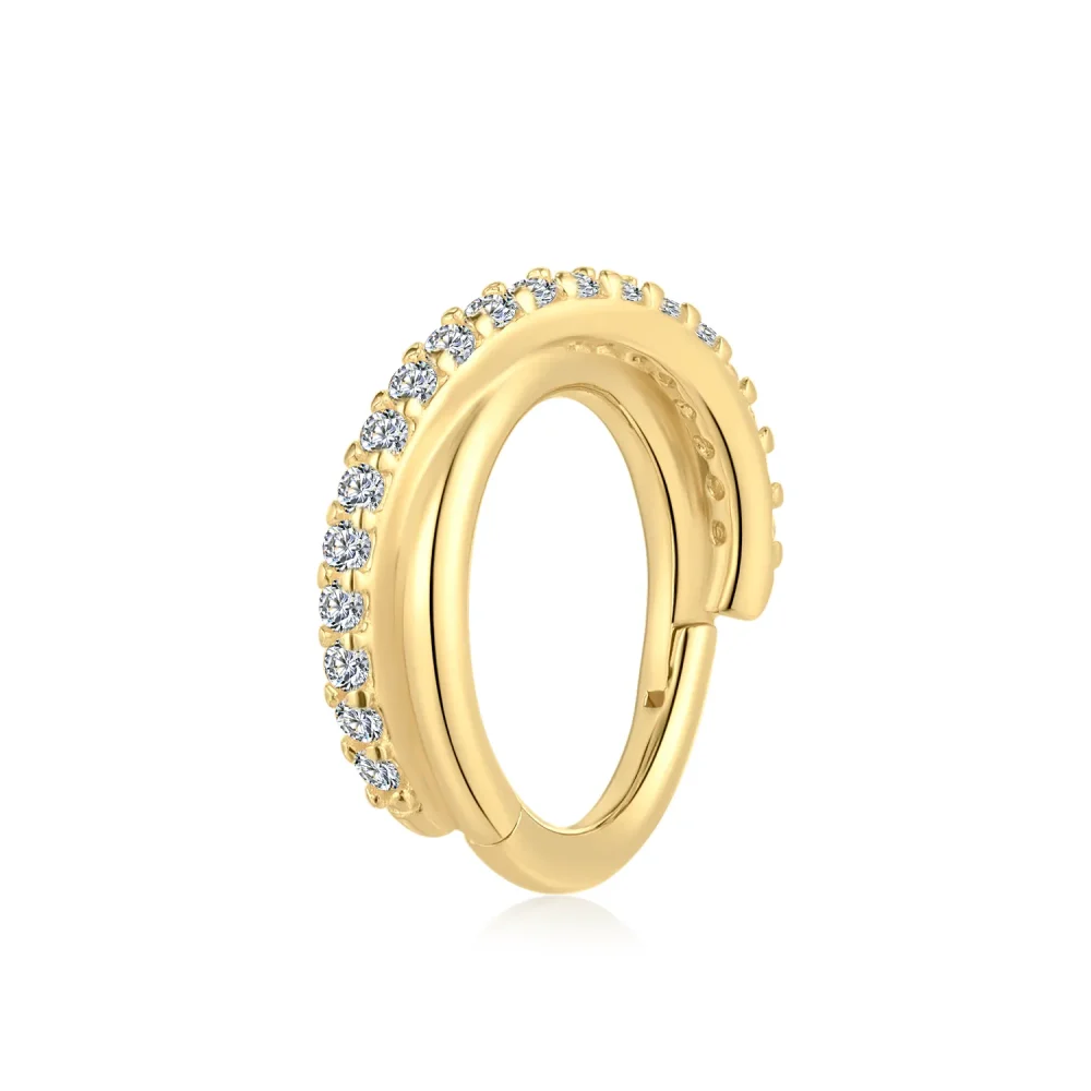 14K Solid Gold Round Hinged Segment Ring Paved with Cubic Zirconia