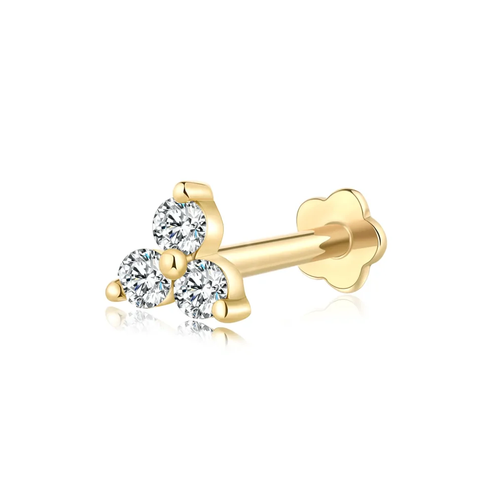 14K Solid Gold Labret Stud with Cubic Zircon Trio Internally Threaded Piercing Jewelry