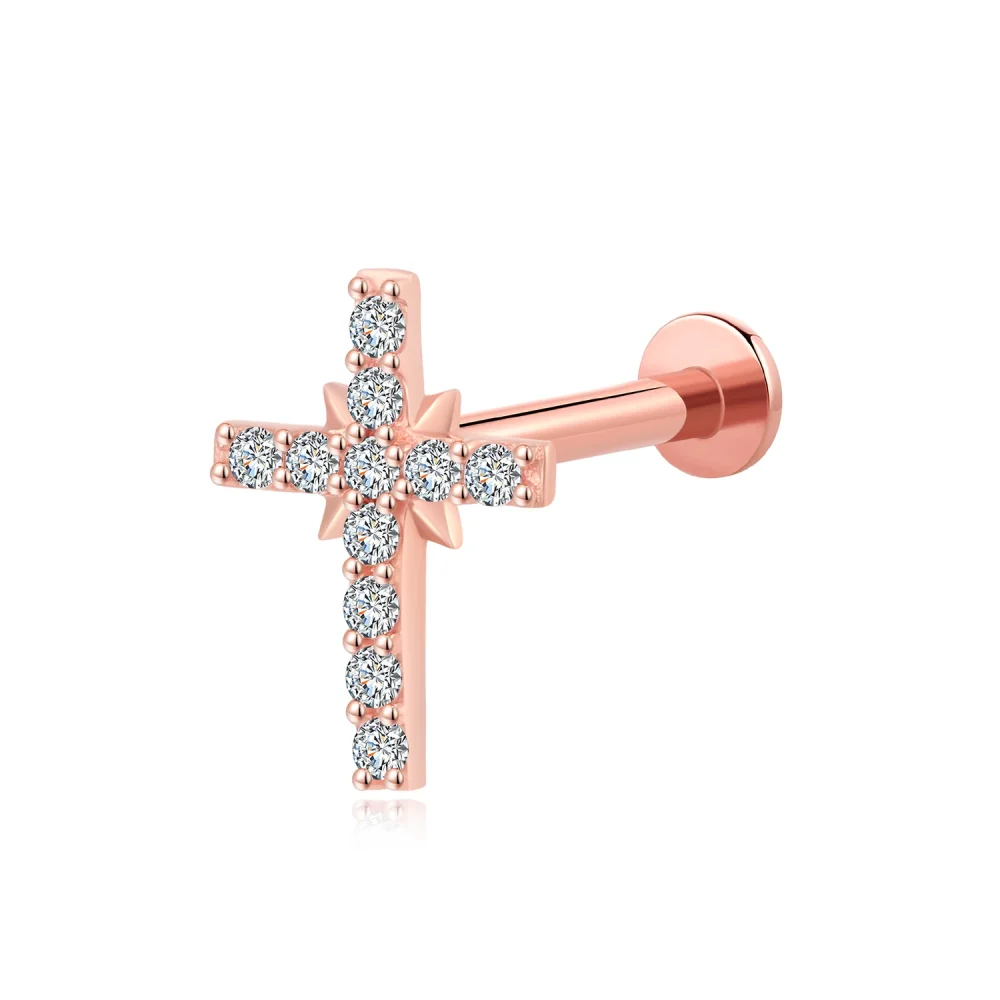 14K Solid Rose Gold Cross Threadless Labret Stud with CZ Accents