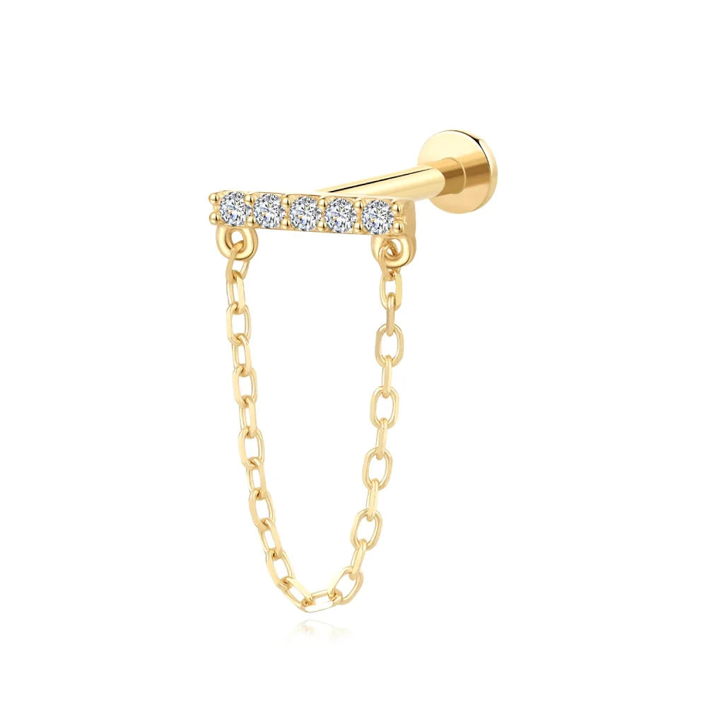 14K Solid Gold Chain Dangle Threadless Labret with Quintet CZ Stones