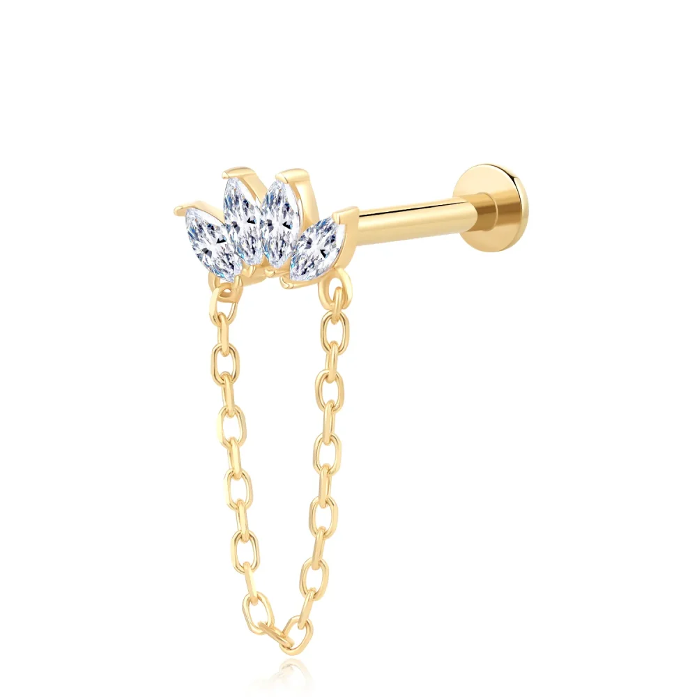 14K Solid Gold Threadless Flat Back Labret Stud with Clear CZ Stones