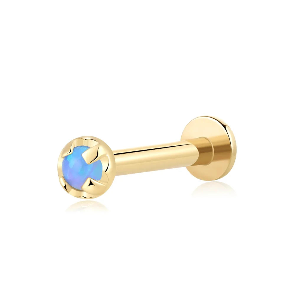 14K Solid Gold Threadless Labret Stud with 2mm Blue Opal and Gold Pin