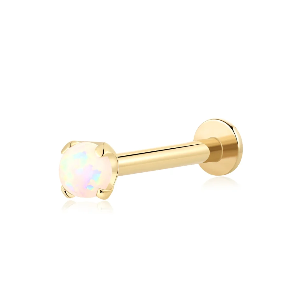 14K Solid Gold Threadless Labret Stud with white Opal and Gold Pin