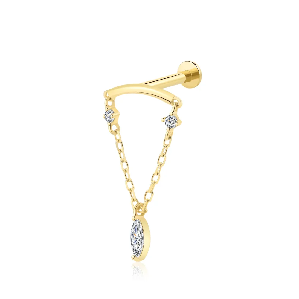 14K Solid Gold Marquise-Cut Cubic Zirconia Chain Dangle Piercing Jewelry