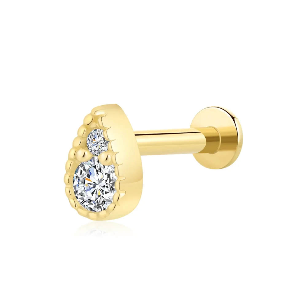 14K Solid Gold Threadless Teardrop CZ Labret Stud