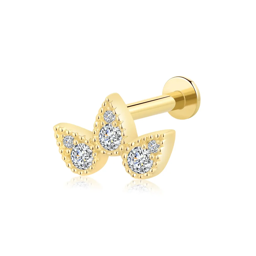 14K Solid Gold Triple CZ Threadless Labret Stud