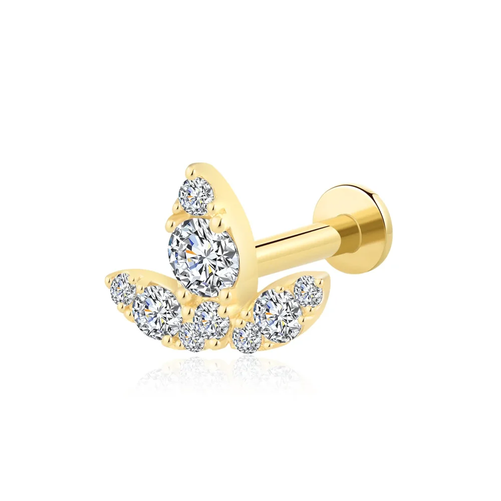 14K Solid Gold Sprout CZ Threadless Labret Stud