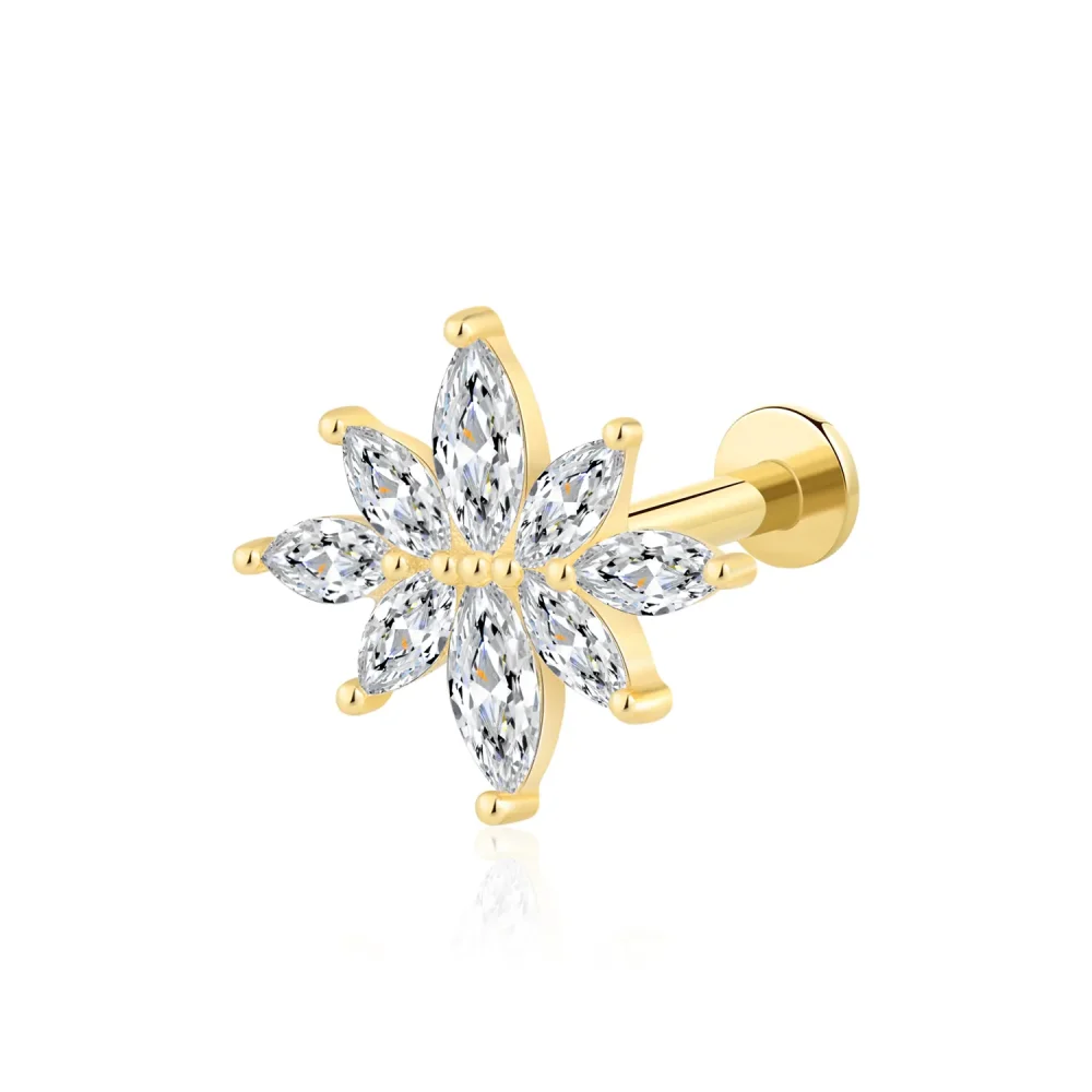 14K Solid Gold Sunburst CZ Threadless Labret Stud