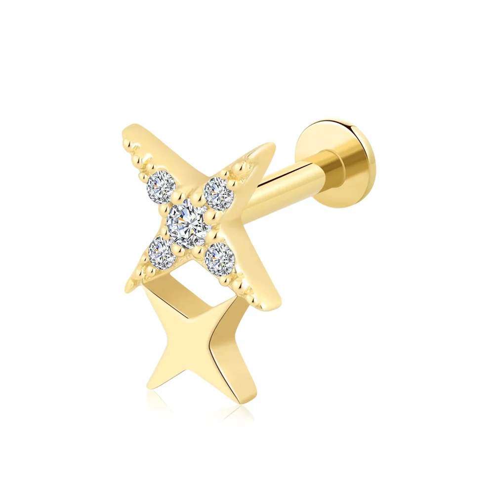 14K Solid Gold Starburst CZ Threadless Labret Stud