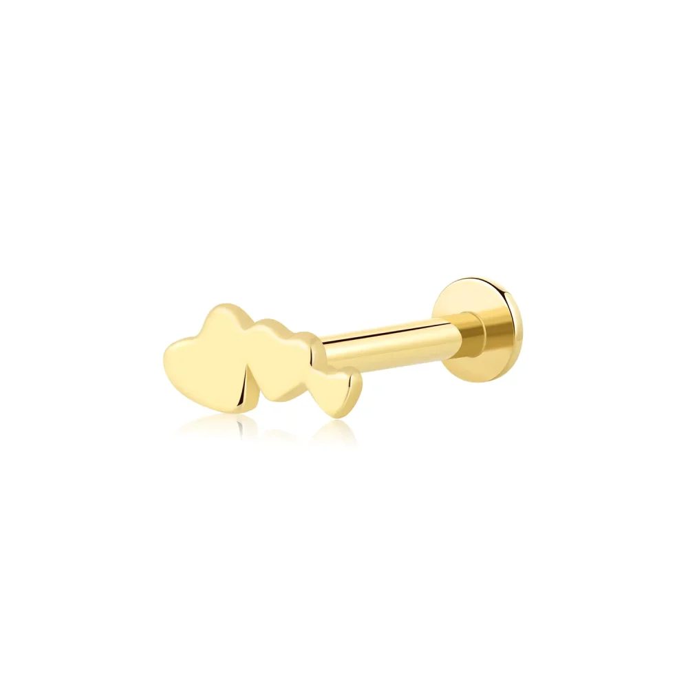 14K Solid Gold Triple Heart CZ Threadless Labret Stud