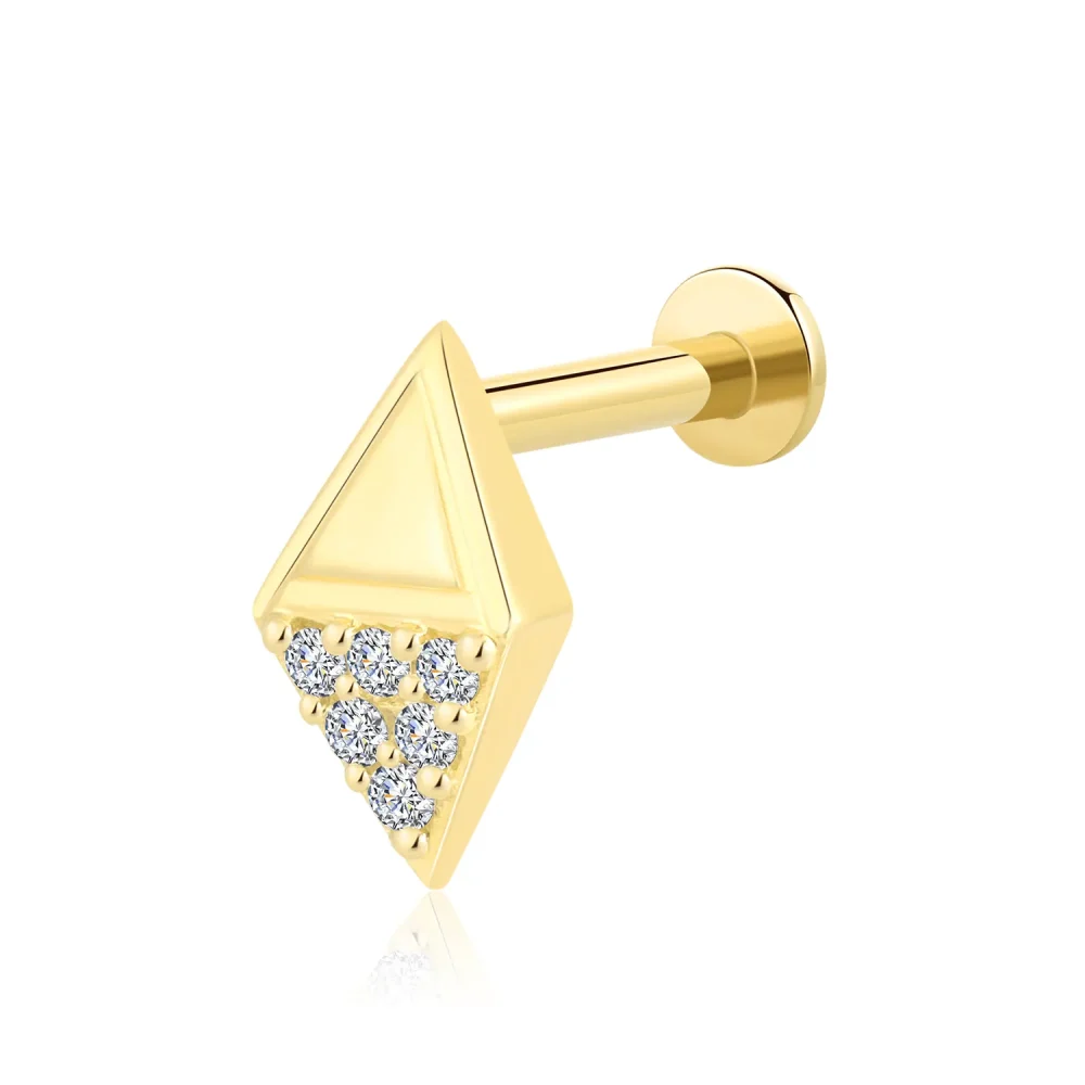 14K Solid Gold Geometric CZ Threadless Labret Stud