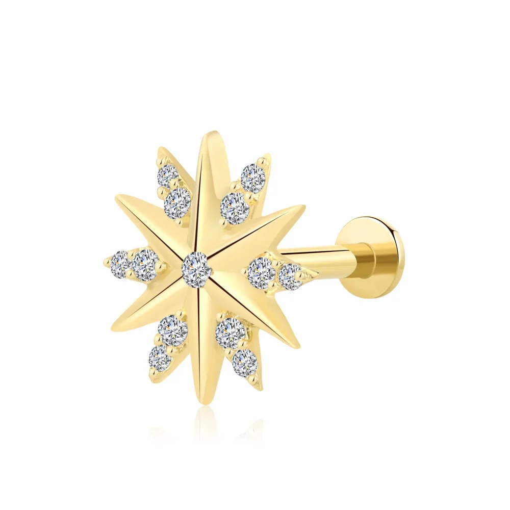 14K Solid Gold Threadless Sea Star Labret Stud with CZ Stone