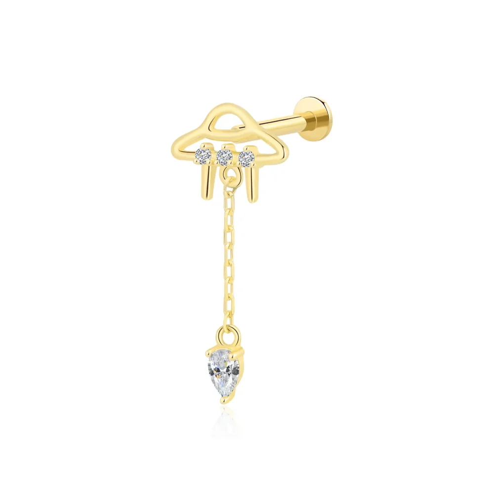 14K Solid Gold Threadless UFO Labret Stud with Dangling CZ