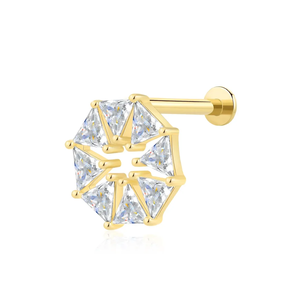 14K Solid Gold Threadless Geometric Octahedron Labret Stud with CZ Stone